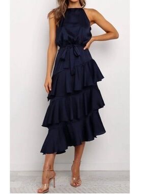 Petal & Pup Women Seychelles Asymmetrical Sleeveless Midi Navy Satin Dress Sz 8